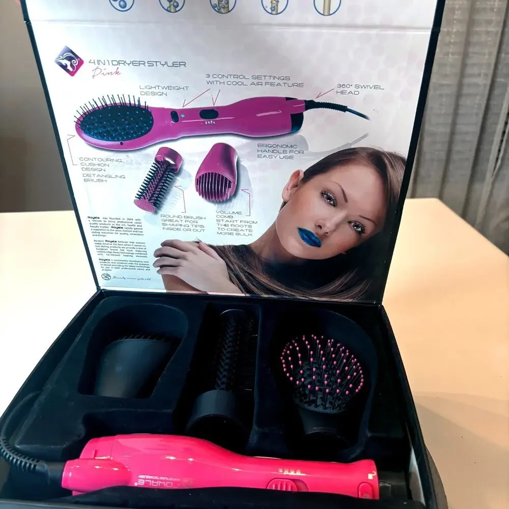 Royale 4-in-1 Hair Dryer Styler Pink Set Volume Flat Round Brush Attachments